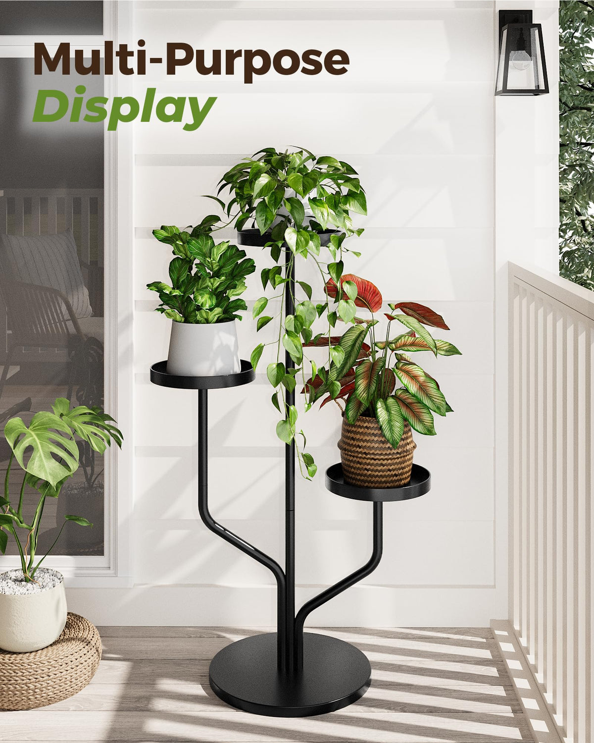 Bamworld indoor-outdoor plant rack in black for patios and living areas.
