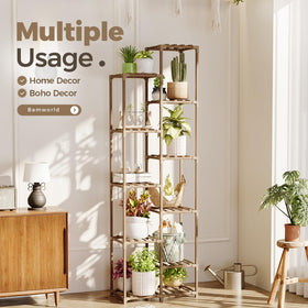 Bamworld indoor-outdoor plant rack keeps plants organized on a tall frame.
