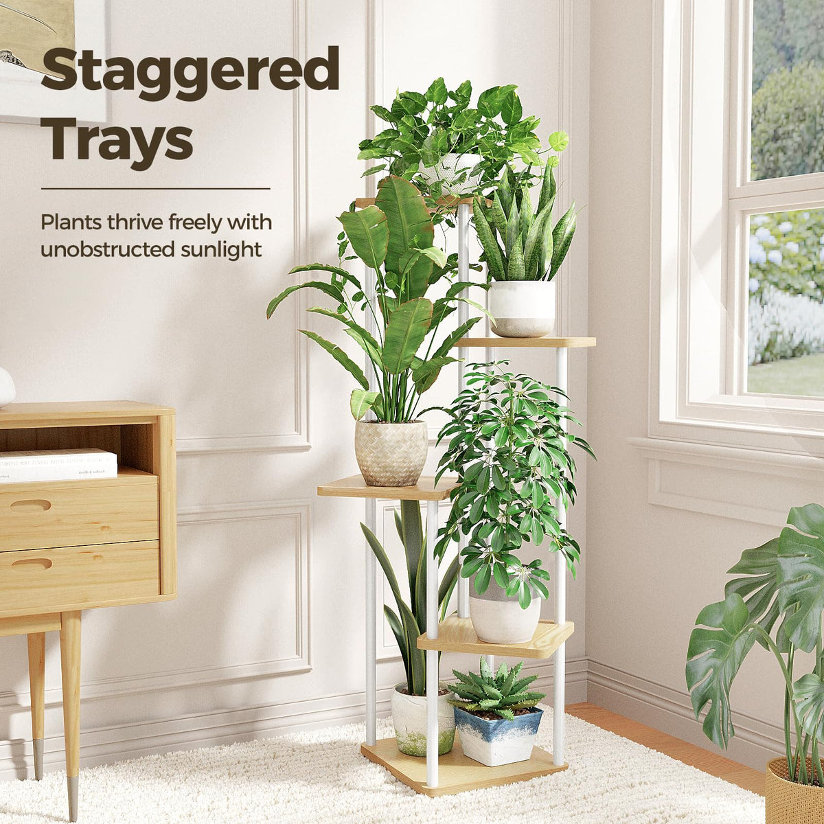 Bamworld indoor plant shelf 5-tier saves space while displaying thriving potted plants.