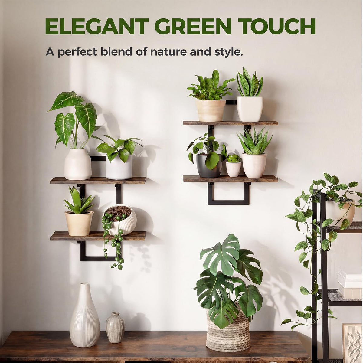 Living room setup with wall planters adding vertical greenery.