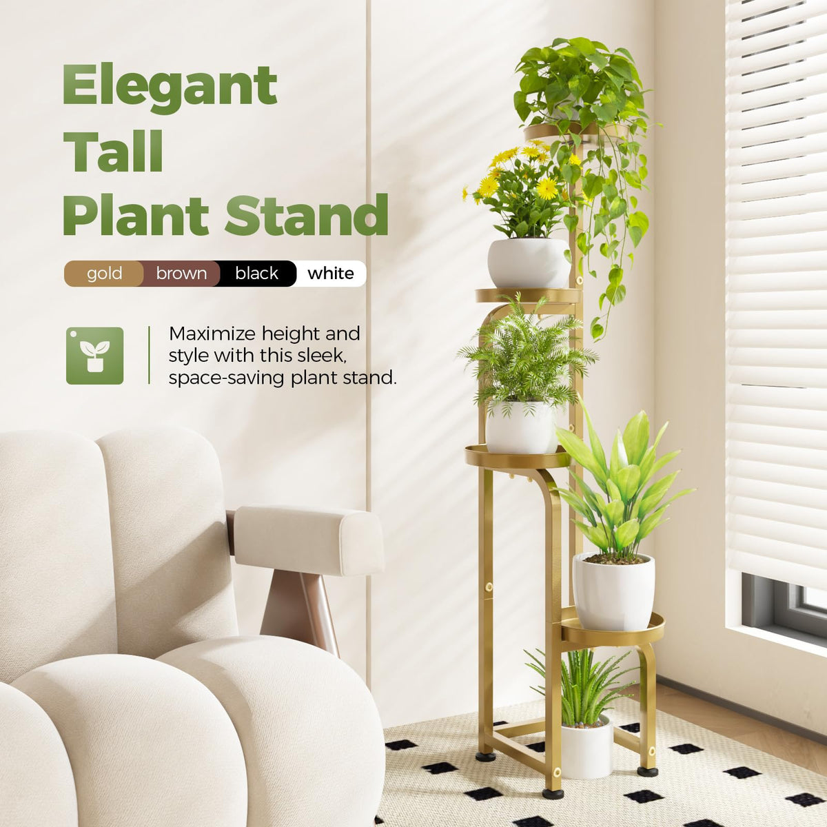 Bamworld metal plant shelf outdoors, ideal for patio gardening and sunlit corners.
