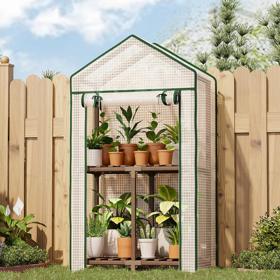 Bamworld Mini Greenhouse with 2-tier shelves for organized seedlings.