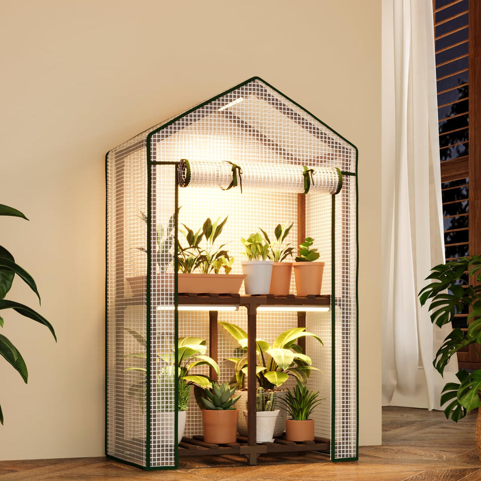 Bamworld mini-greenhouse with grow light enhances seedling care with LED illumination.
