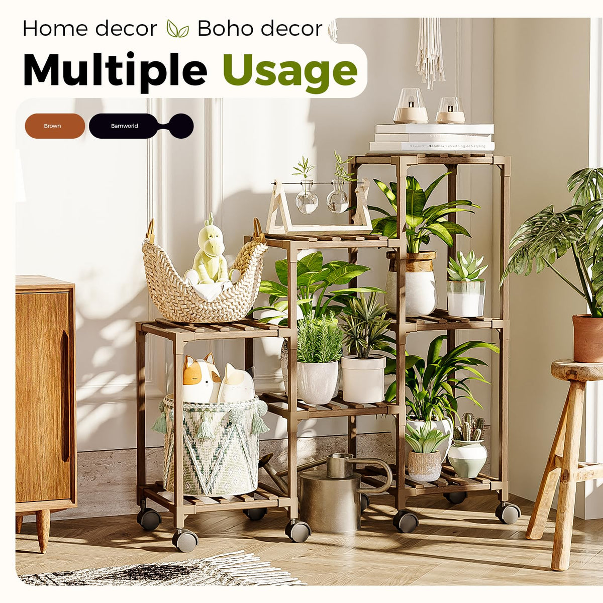 Bamworld movable plant shelf placed in a living room for easy rearrangement.