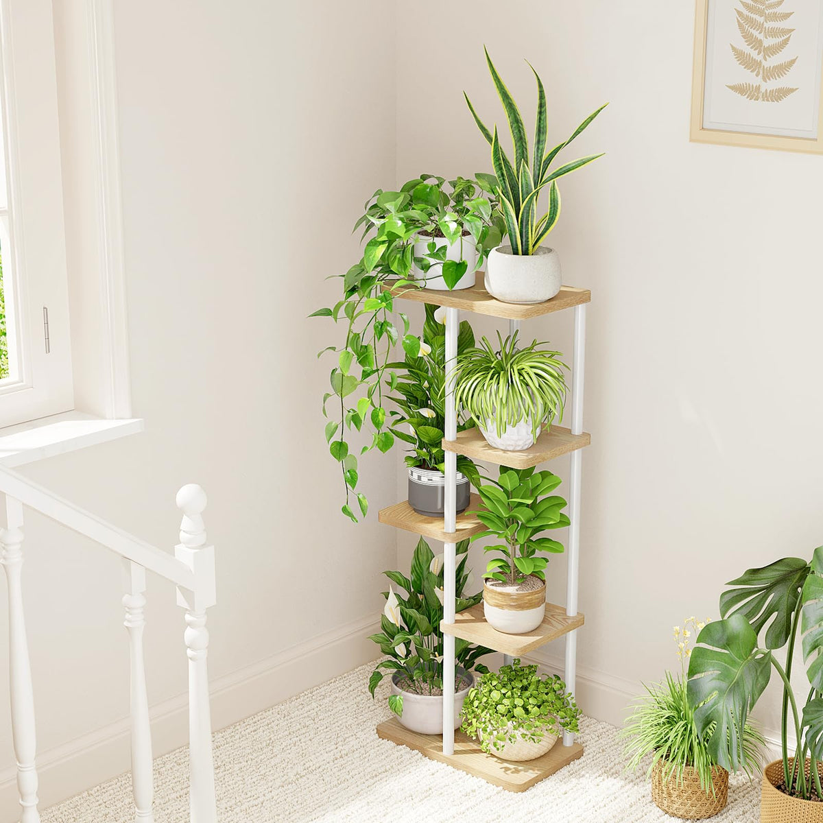 Bamworld multi-purpose plant rack displays flowers, succulents, and decor with style.