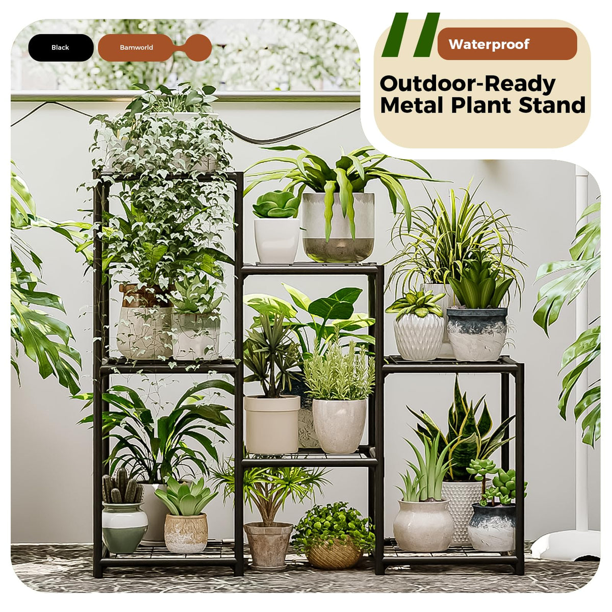 Bamworld outdoor metal plant shelf withstands weather for balcony or garden