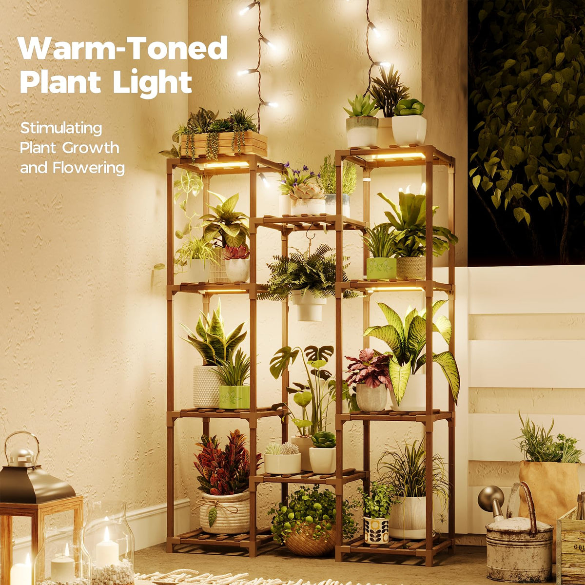 Bamworld 10-tier plant shelf displaying multiple pots on a sturdy wooden frame.