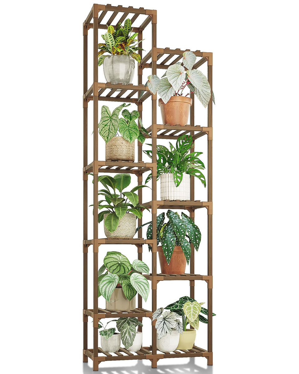 Bamworld 11-tier tall plant stand showcases greens in a living room corner.