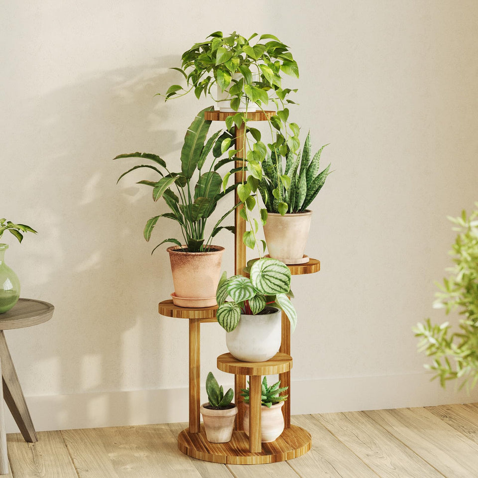 Bamworld 4-tier plant stand displaying five pots to maximize living room greenery.