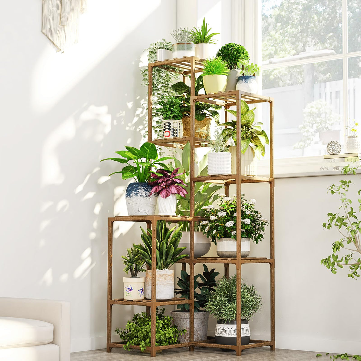 Bamworld plant stand tall corner rack for compact spaces, ideal for vertical display.