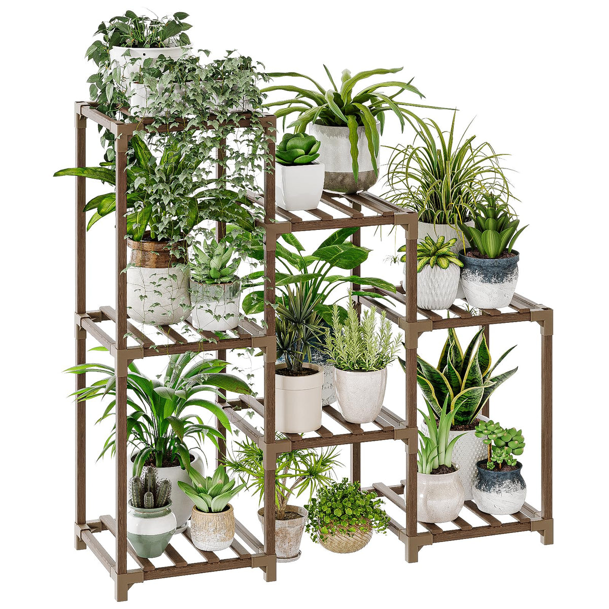 Bamworld plant stand with seven pots on a ladder for sunlit indoor display.