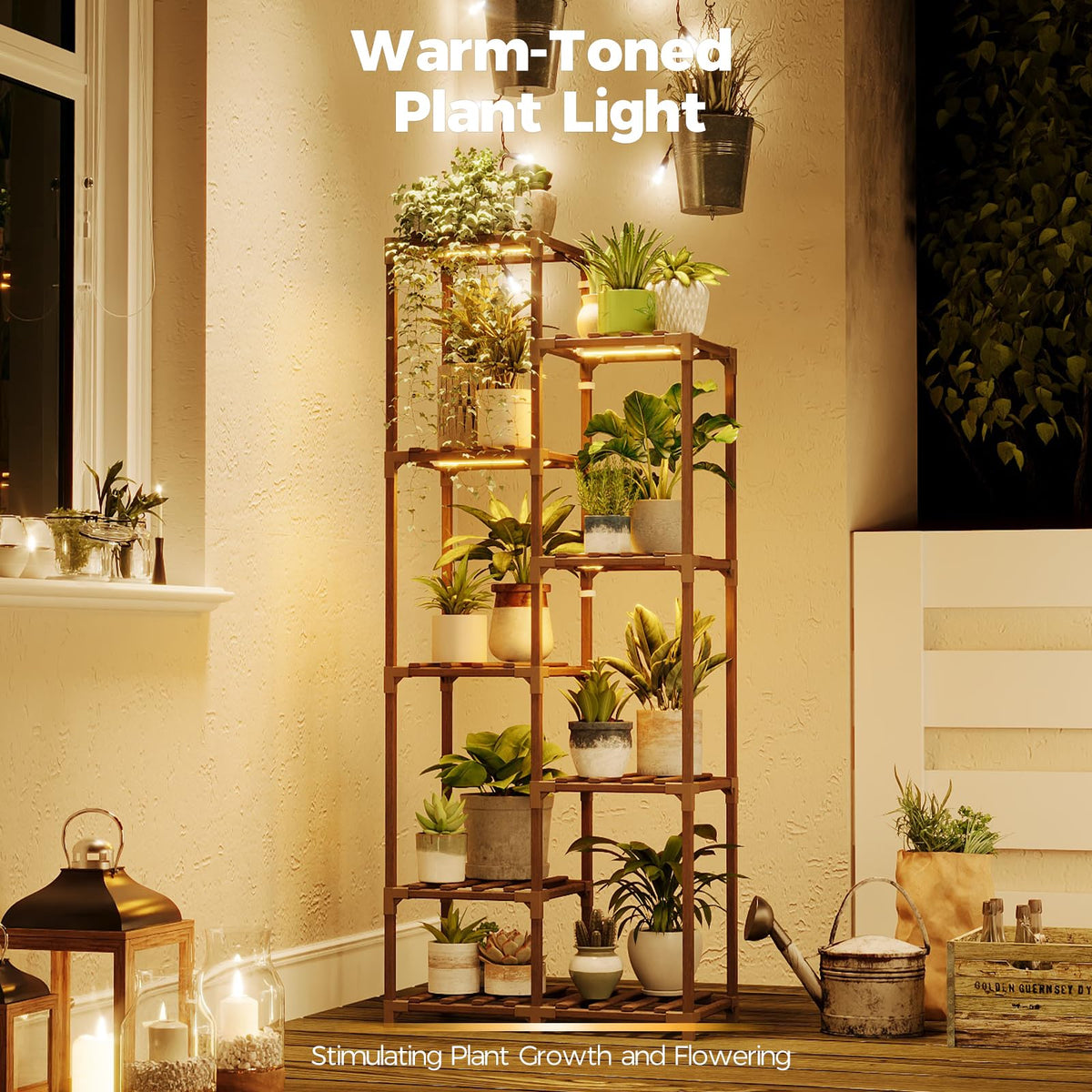 Bamworld 9-tier plant stand tower on a bright room corner.