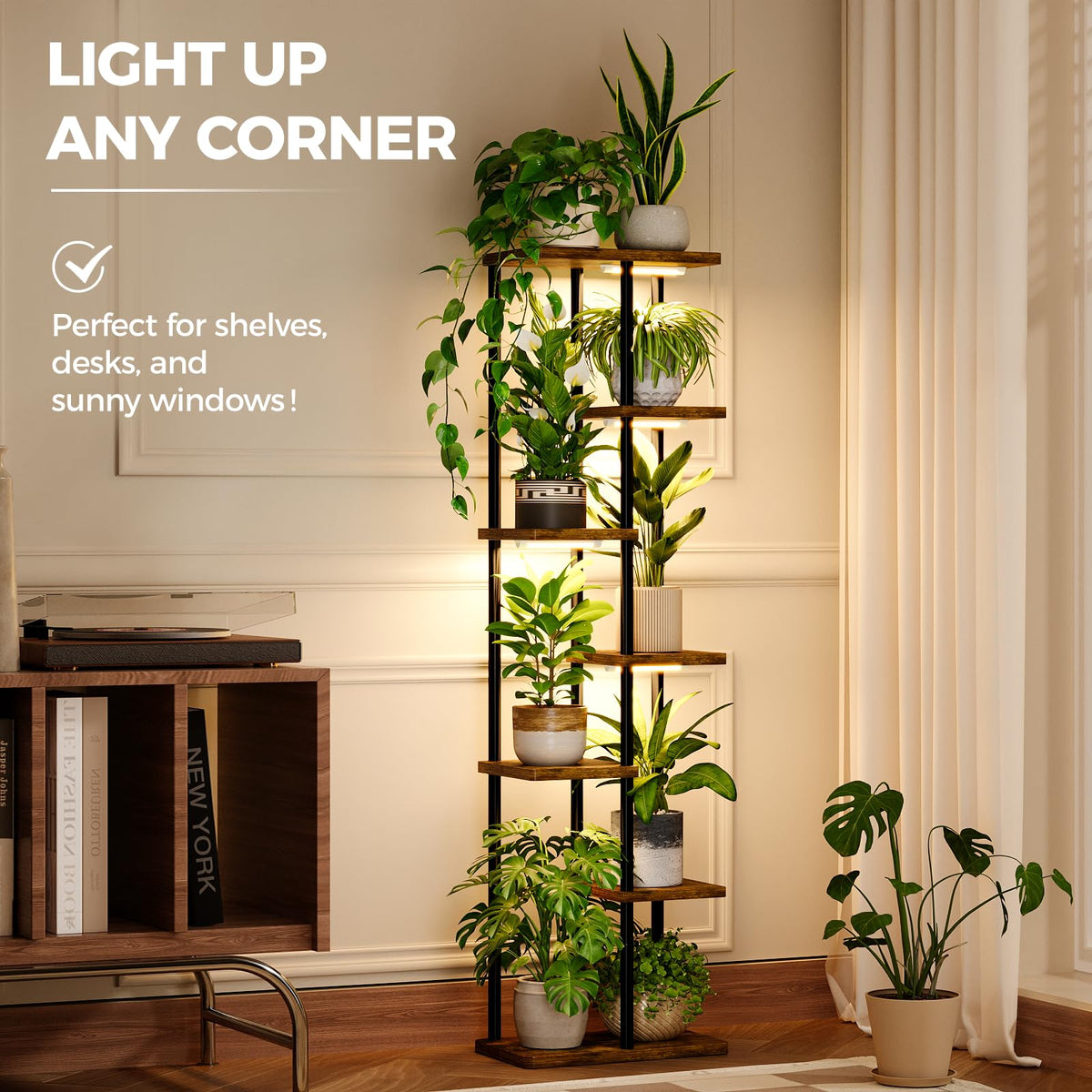 Bamworld plant stand acacia wood shelves provide sturdy, natural display surfaces.