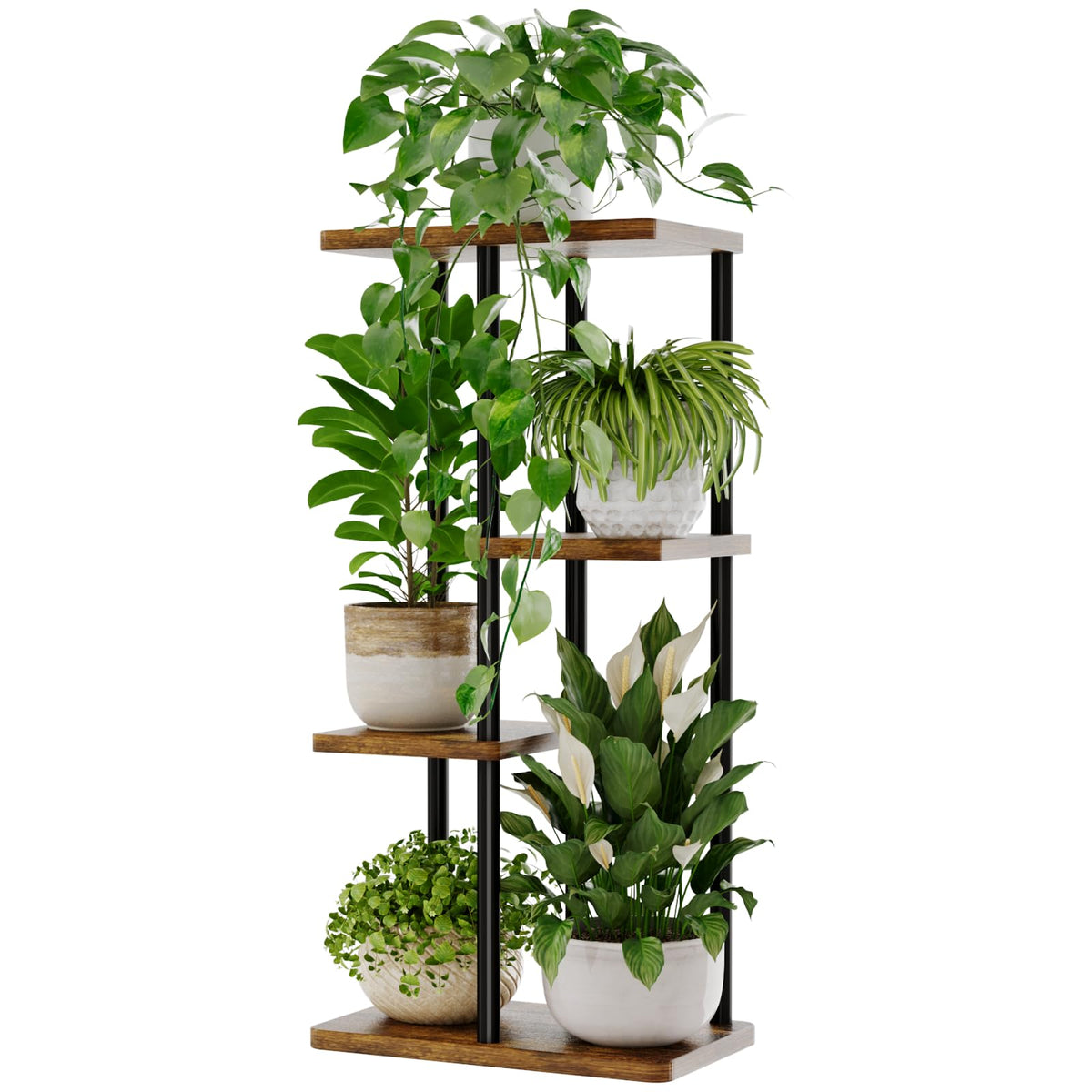 Bamworld plant stand corner 4-tier front view, space-saving display for small rooms.