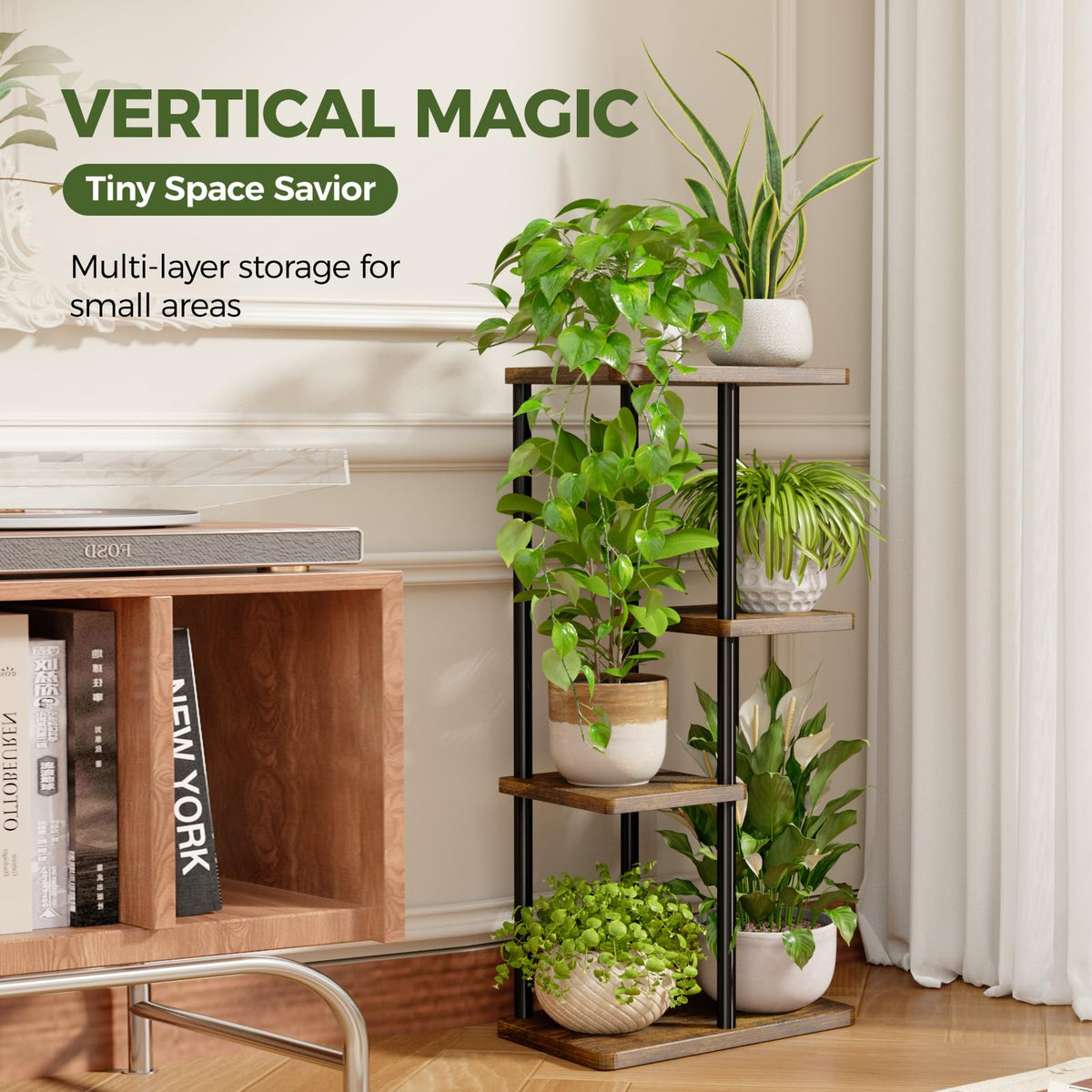 Bamworld plant stand corner 4-tier side view, sturdy metal pipes and brown finish.