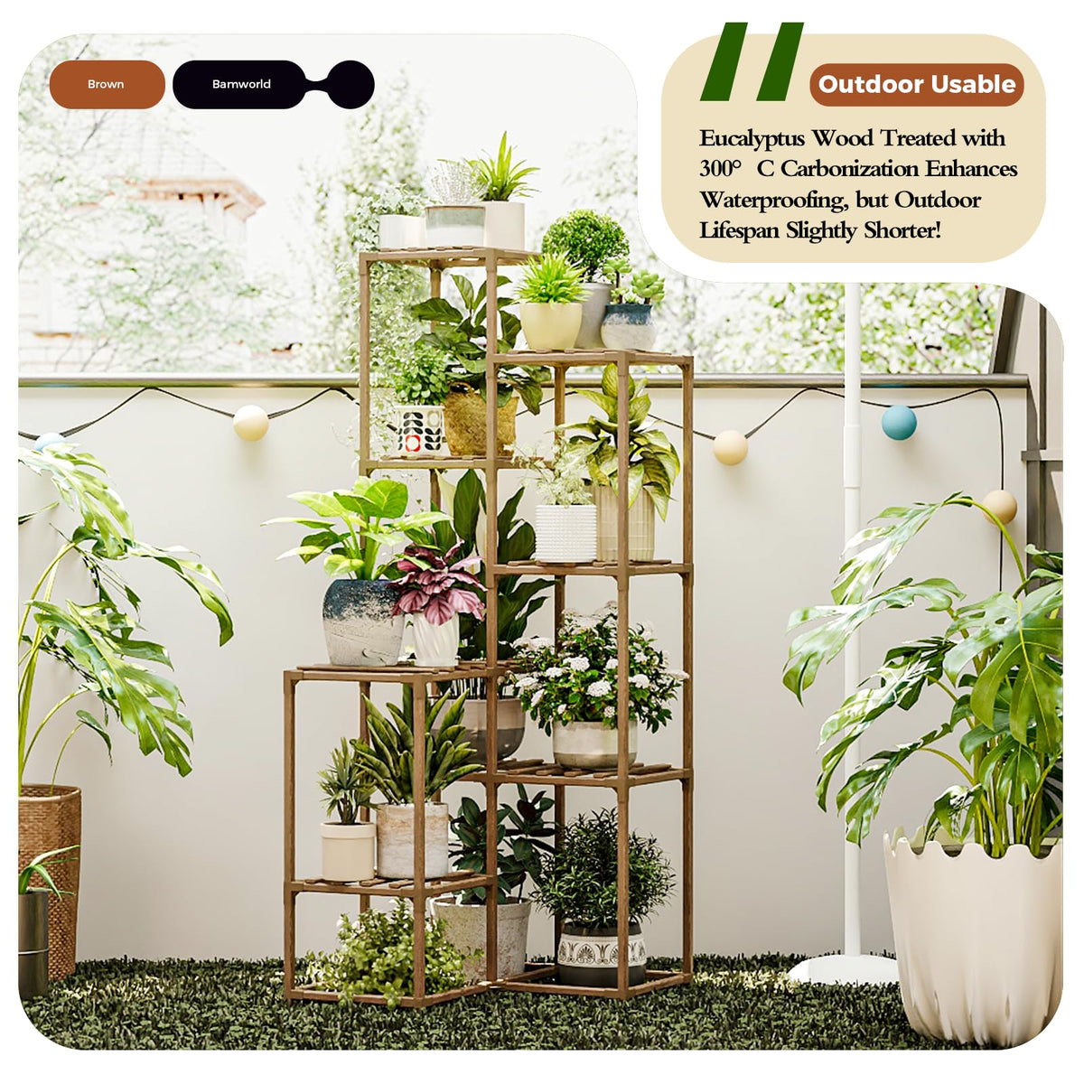 Bamworld plant stand eight-shelf design supports up to 14-17 pots, maximizing storage.