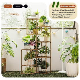 Bamworld plant stand eight-shelf design supports up to 14-17 pots, maximizing storage.