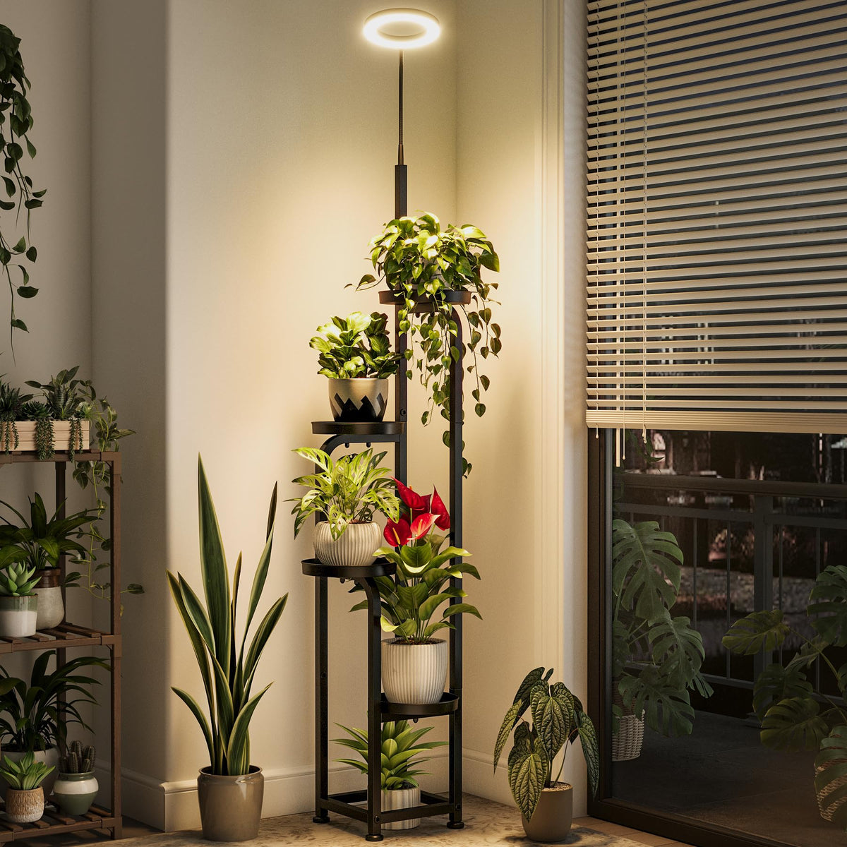 Bamworld plant stand with grow light in corner displaying a thriving indoor plant collection