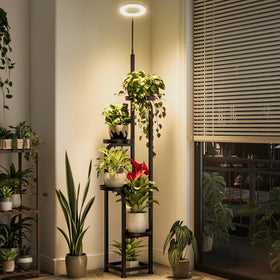 Bamworld plant stand with grow light in corner displaying a thriving indoor plant collection