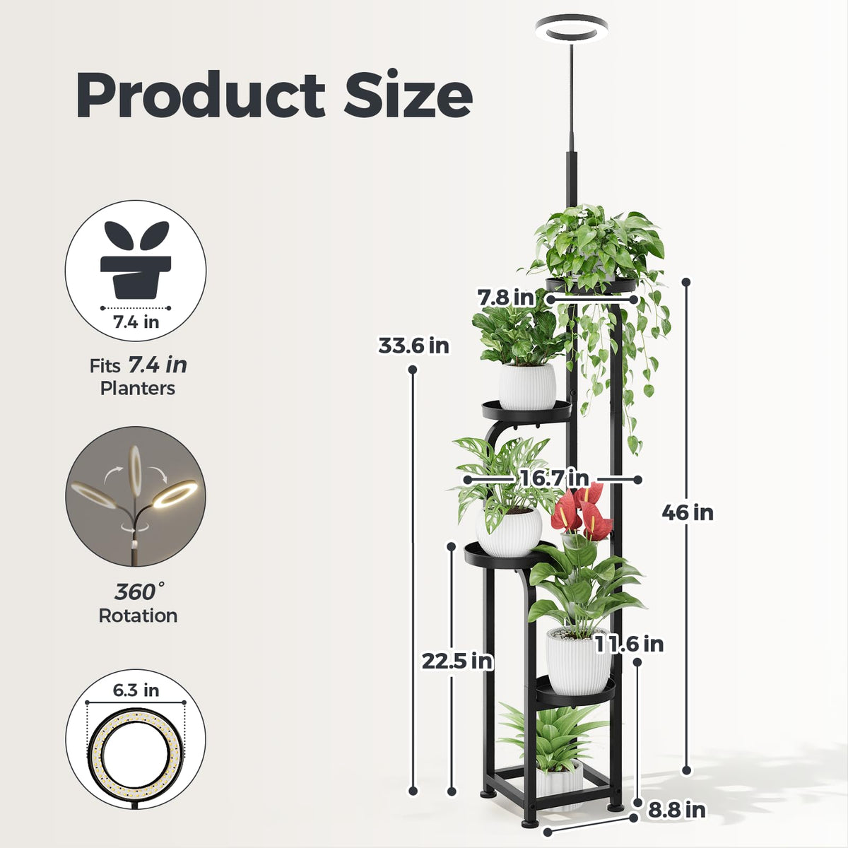 Bamworld four-tier stand side view with integrated grow light in use