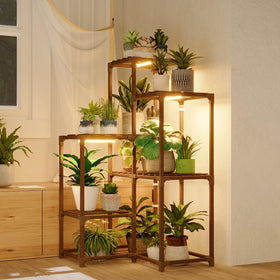 Bamworld plant stand with grow light in corner for thriving indoor greens