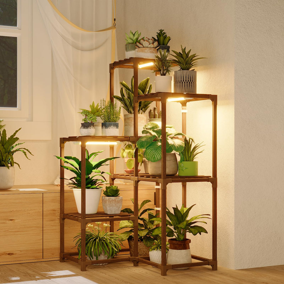 Bamworld plant stand with grow light in corner for thriving indoor greens