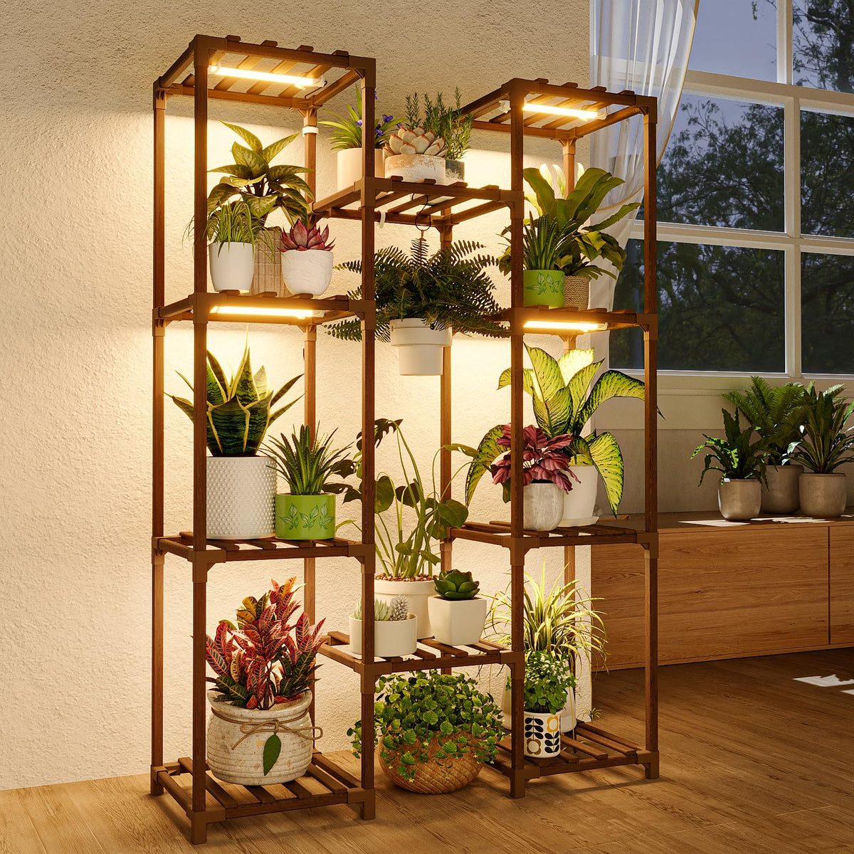 Bamworld plant stand with Grow Light, front view showing integrated light panel for seedlings.