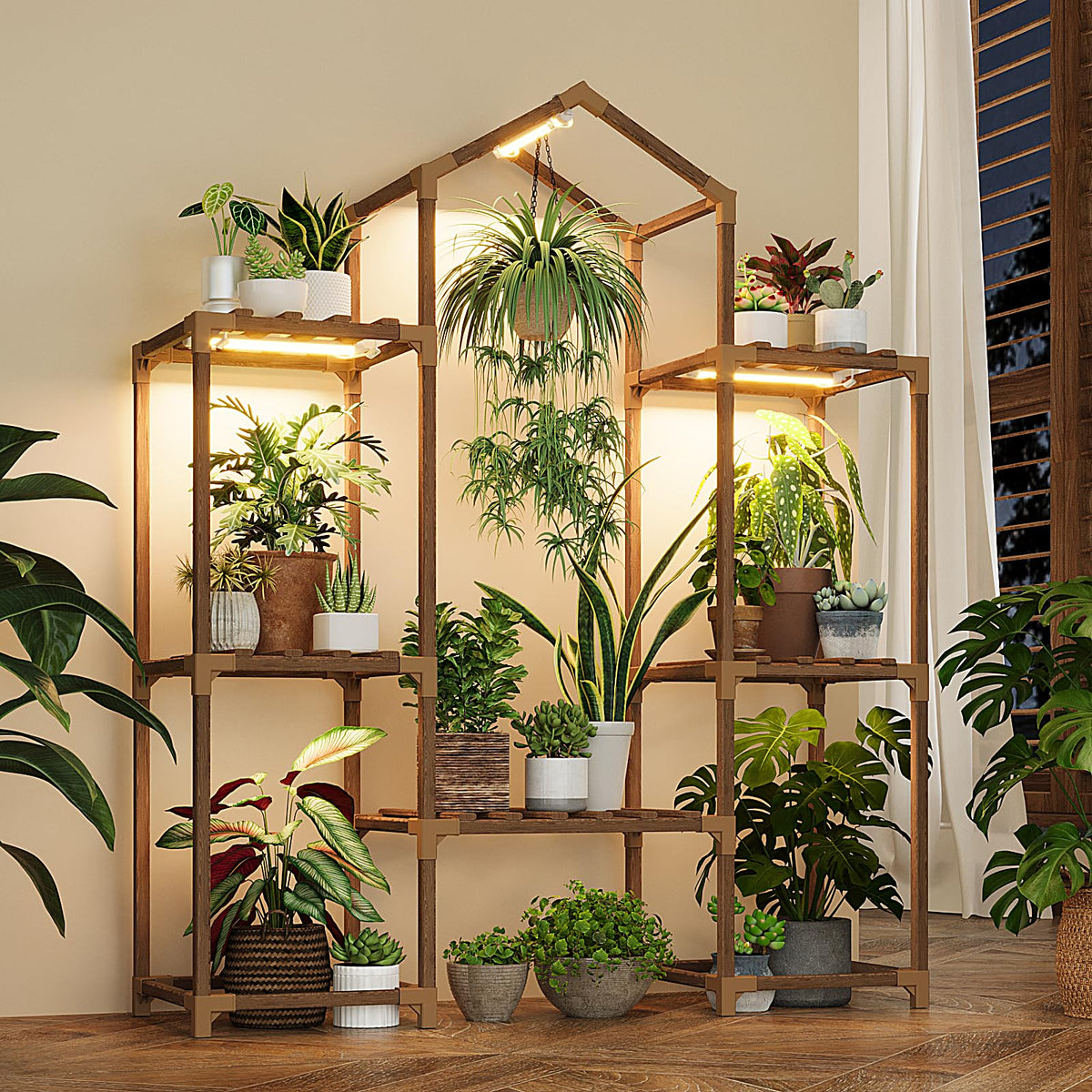 Bamworld plant stand with grow light, front view, enhances year-round greenery and home decor