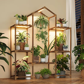 Bamworld plant stand with grow light, front view, enhances year-round greenery and home decor