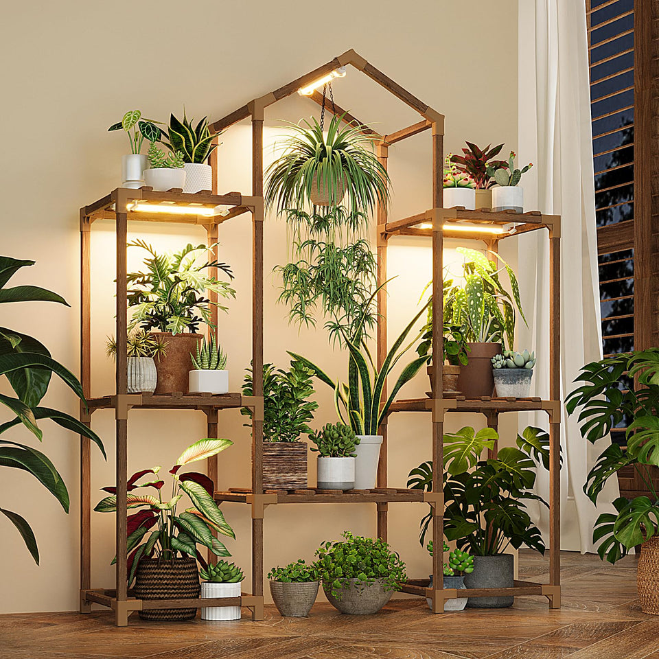 Bamworld plant stand with grow light, front view, enhances year-round greenery and home decor