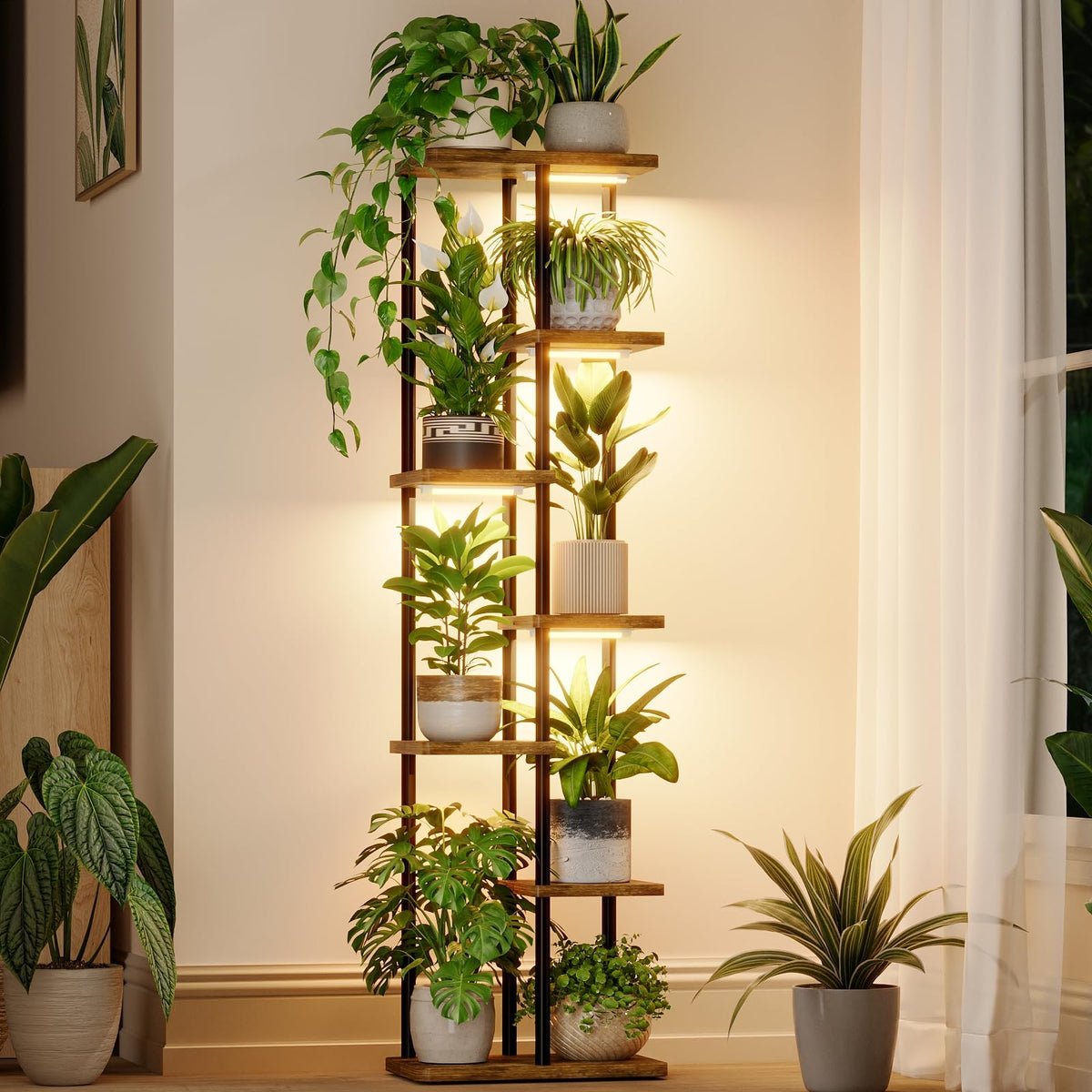Bamworld plant stand with grow light setup promoting healthier indoor plants.