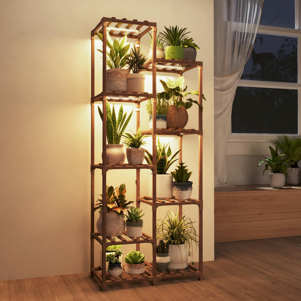 Bamworld plant stand with grow light setup for seedlings and low-light plants.