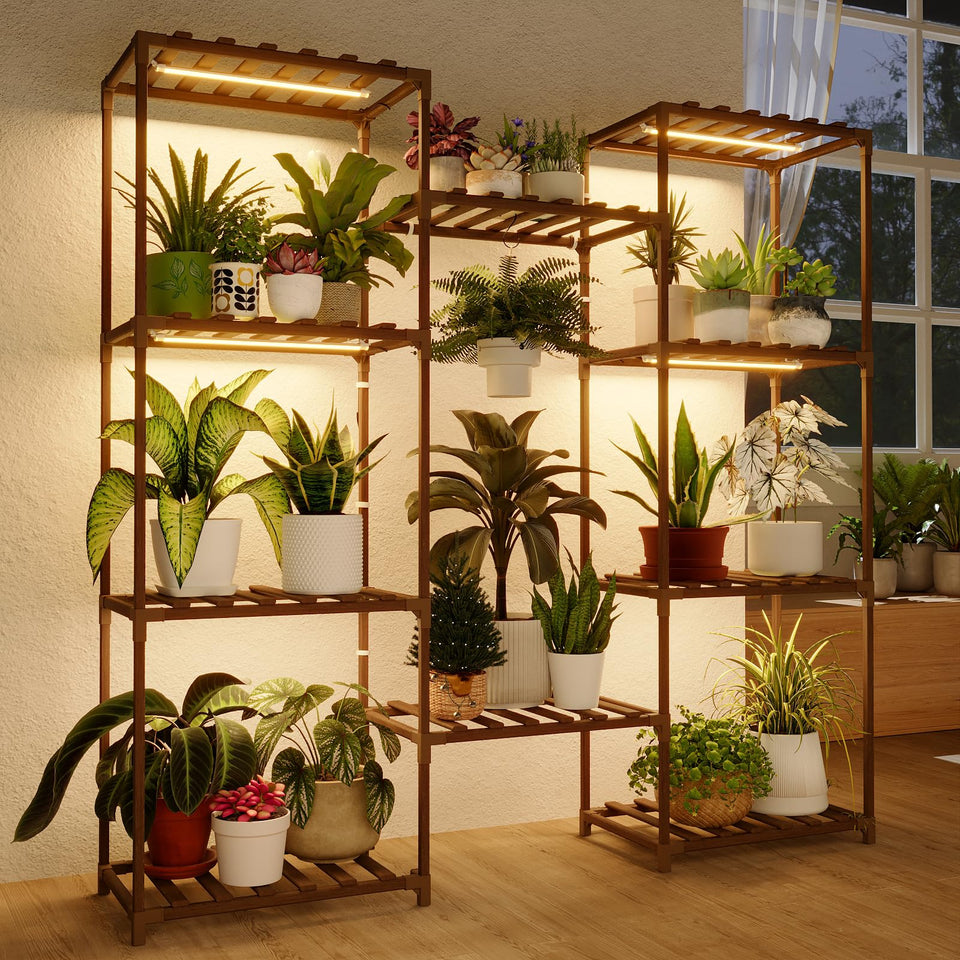 Bamworld plant stand with grow light emits warm white spectrum for indoor seedlings