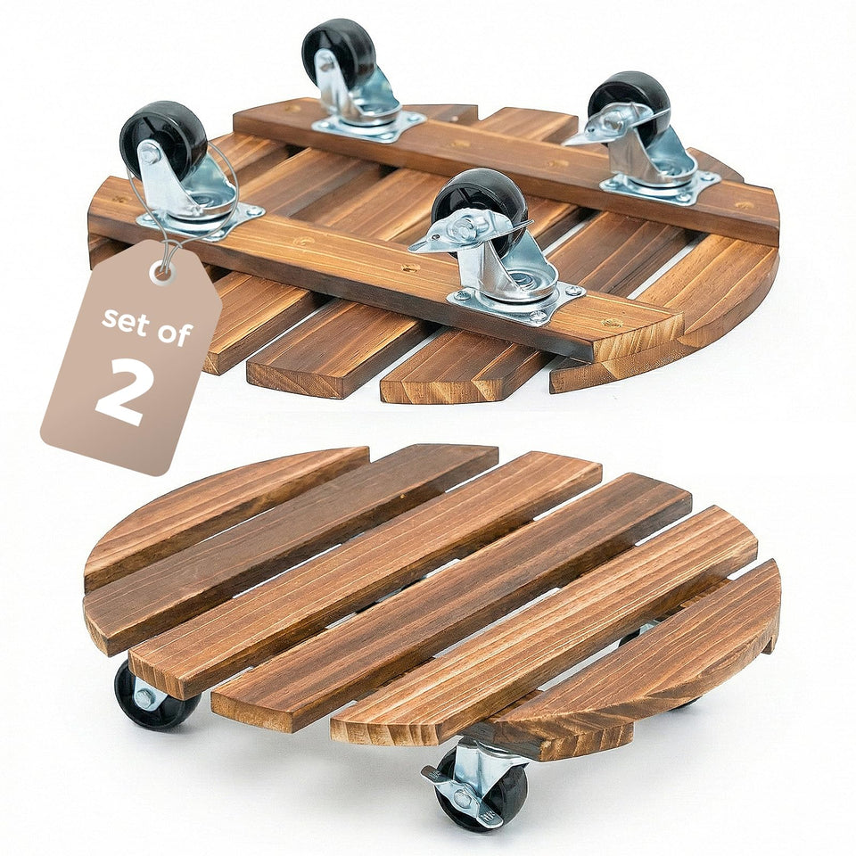 Bamworld plant stand with outdoor rolling wheels enables easy repositioning for care