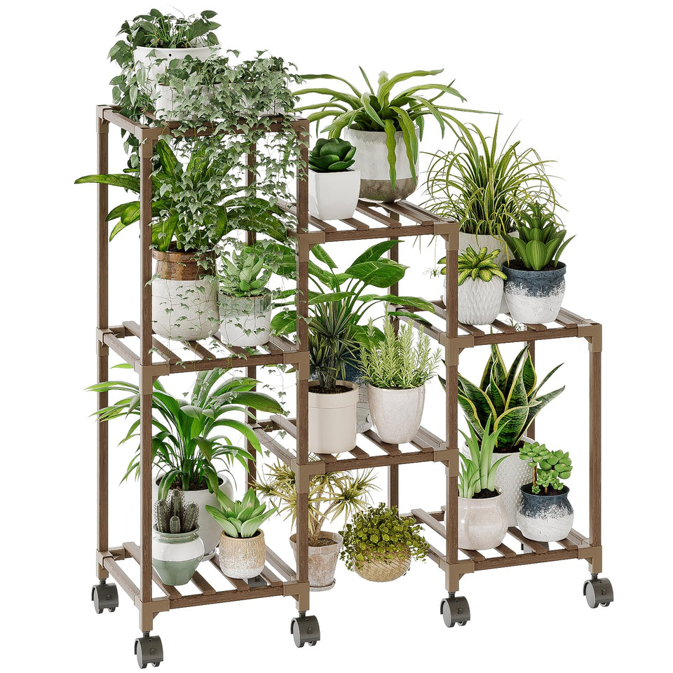 Bamworld plant stand with wheels displays seven pots for flexible indoor arrangement.