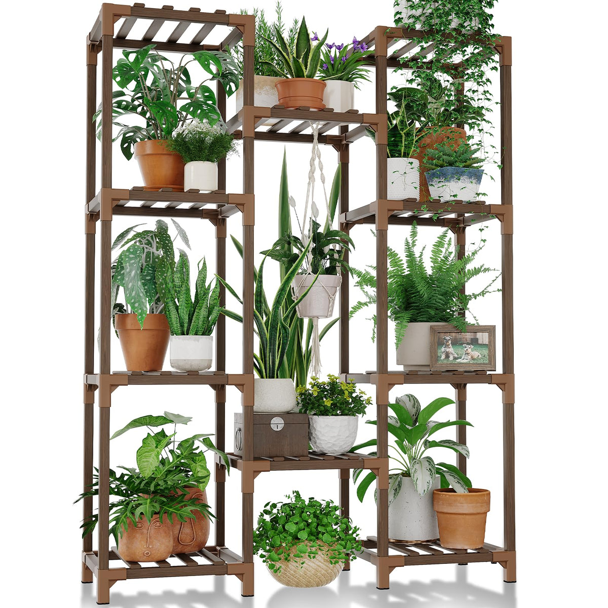 Bamworld plant table with ten shelves for organized multi-pot display.
