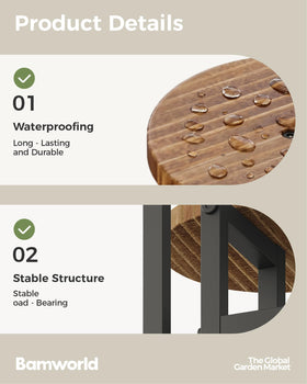 Bamworld sturdy iron and wood shelf provides stable plant display.
