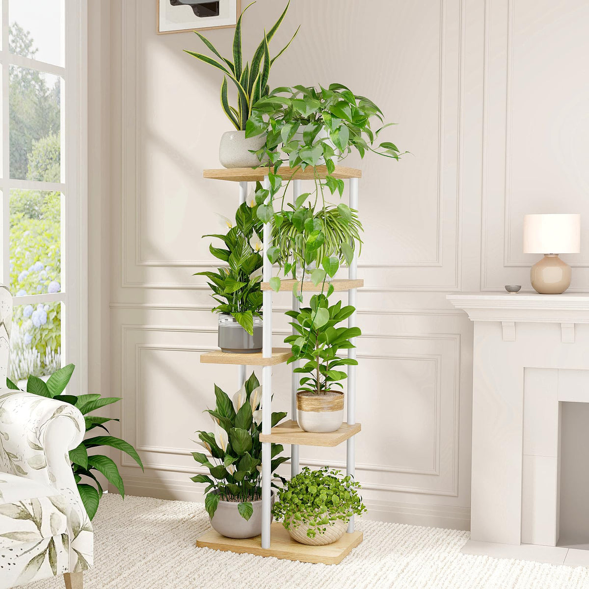 Bamworld sturdy metal plant stand provides stable support for tall pots.