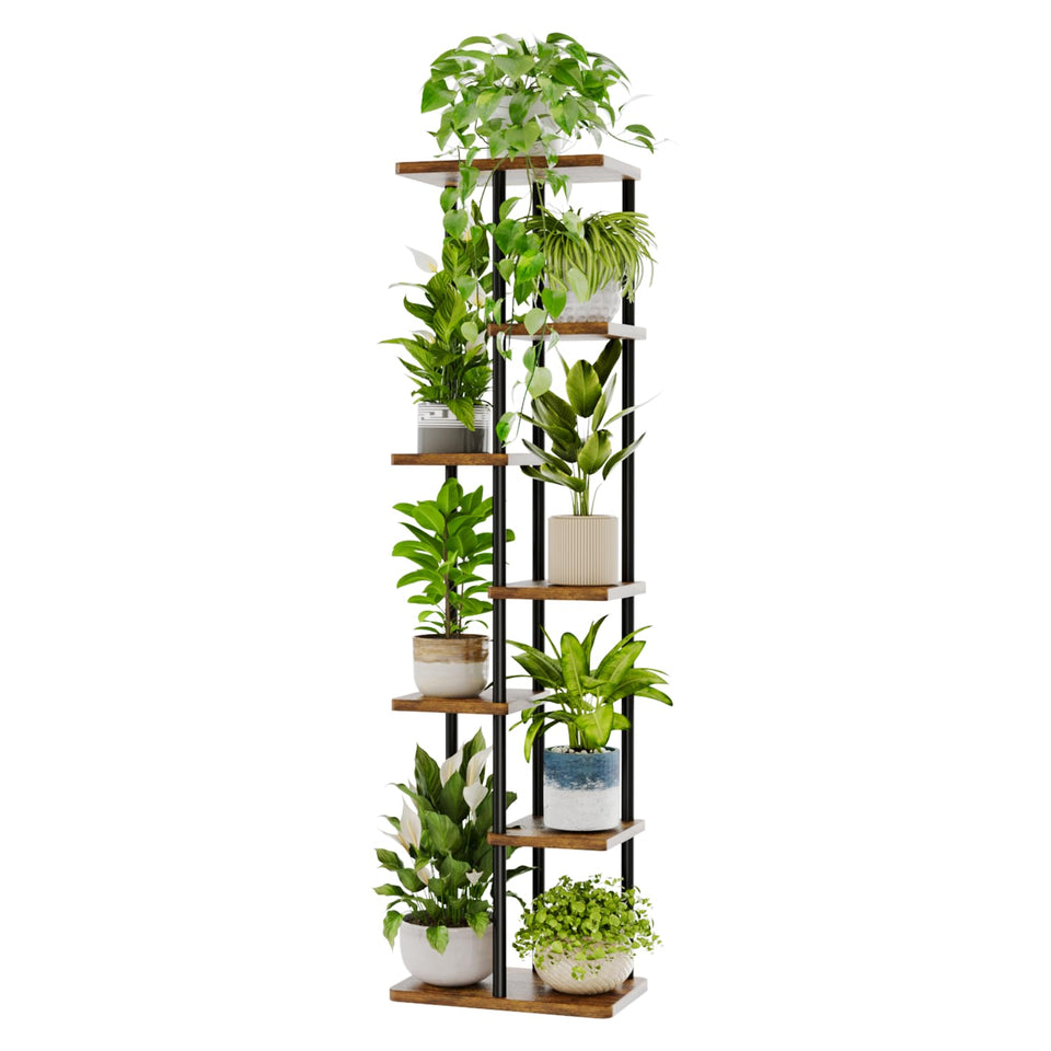 Bamworld tall plant stand corner view showcasing seven tiers for space-saving plant display.