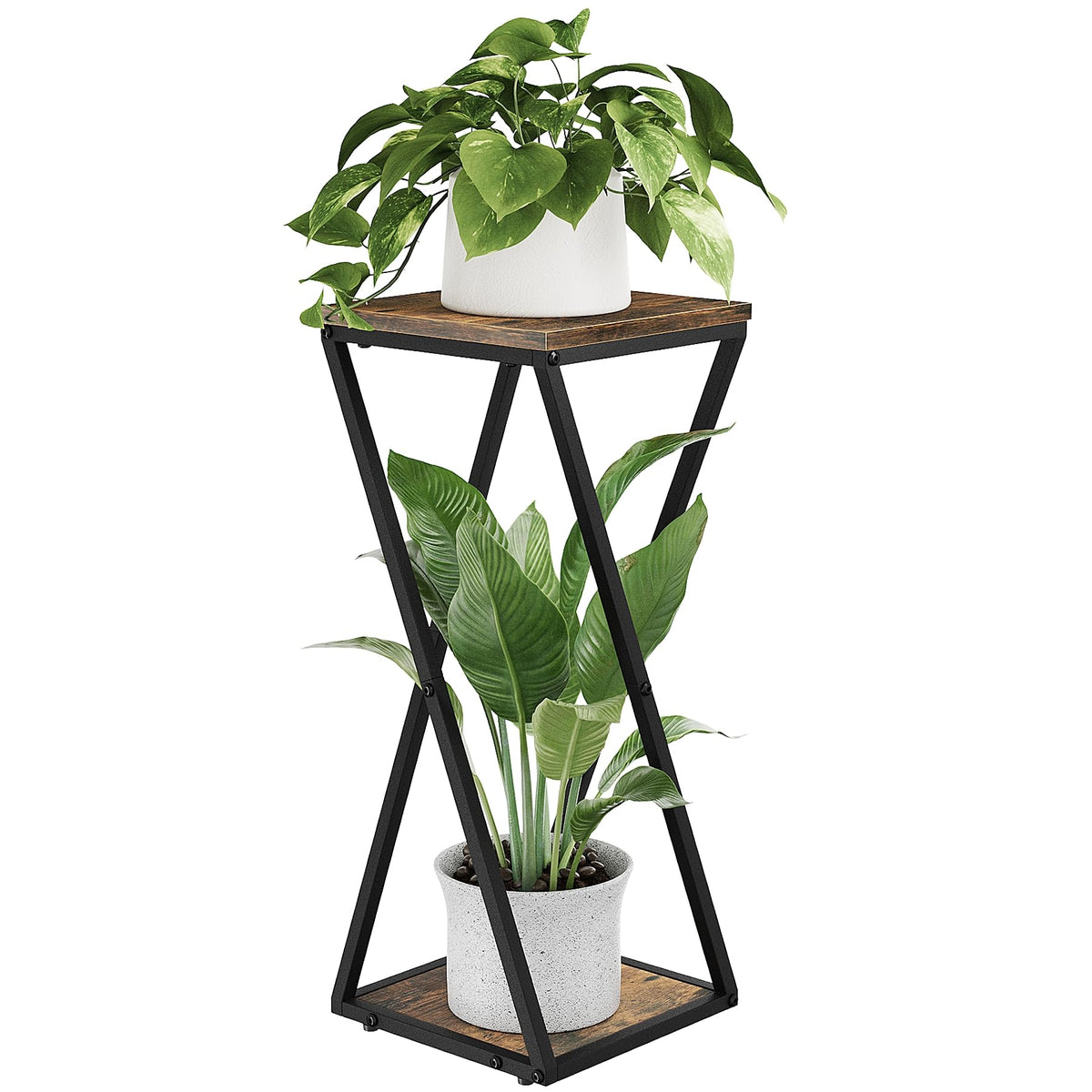 Bamworld tall plant stand with wood and metal frame for corner spaces.
