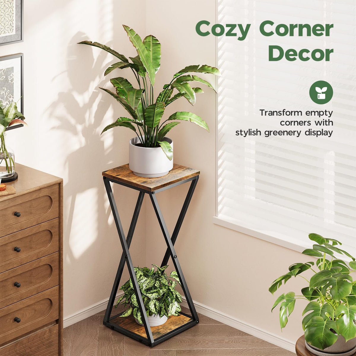 Bamworld two-tier plant shelf ideal for indoor display and organization.