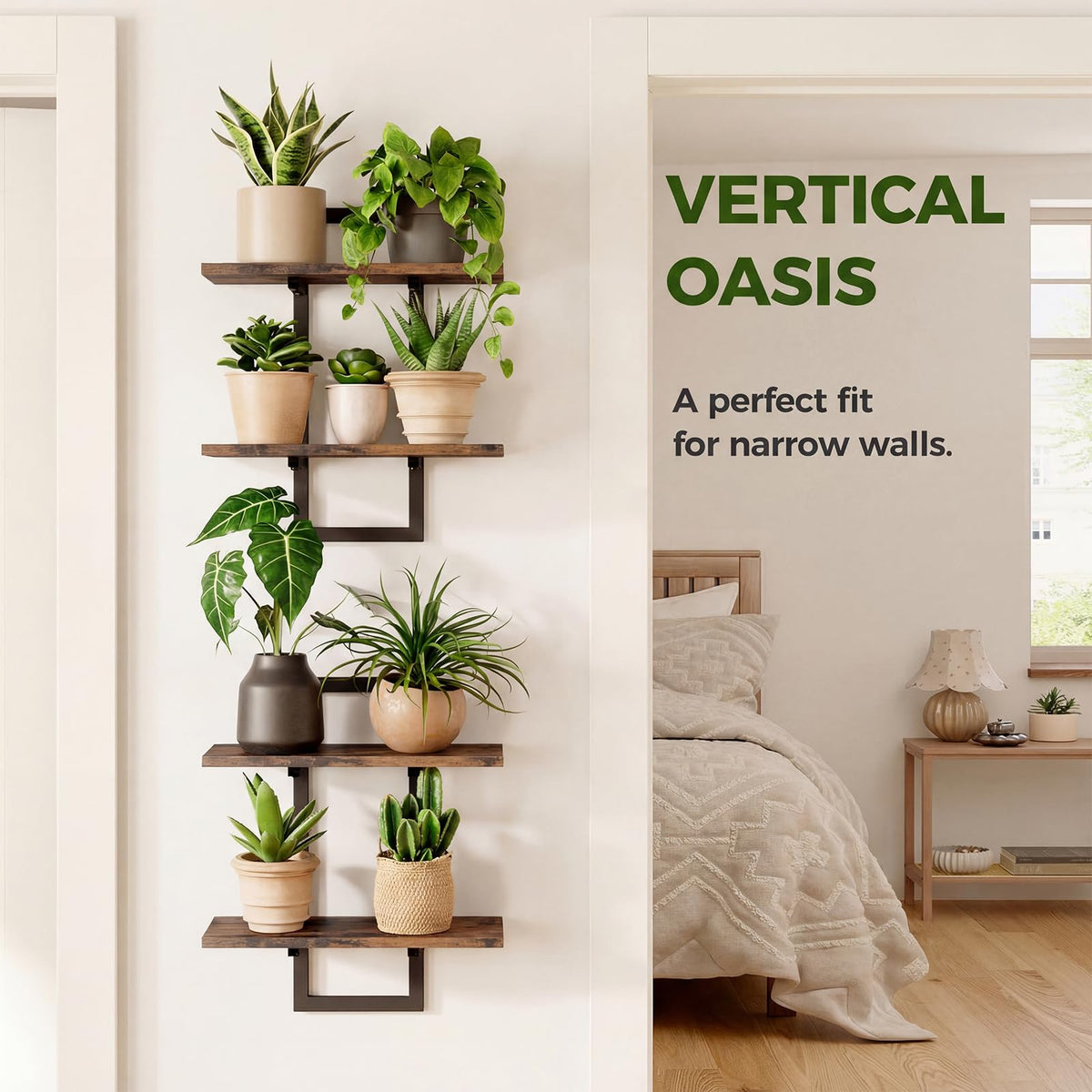 Vertical garden idea using stacked shelves for a green wall.