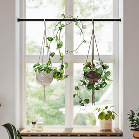 Bamworld window plant hanger with adjustable tension rod fits any window and prevents damage.