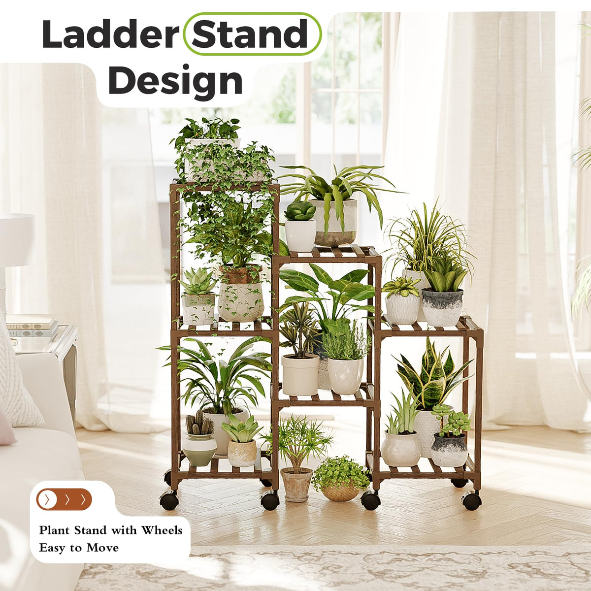 Bamworld wooden 3-tier plant stand optimizes vertical space for plants.