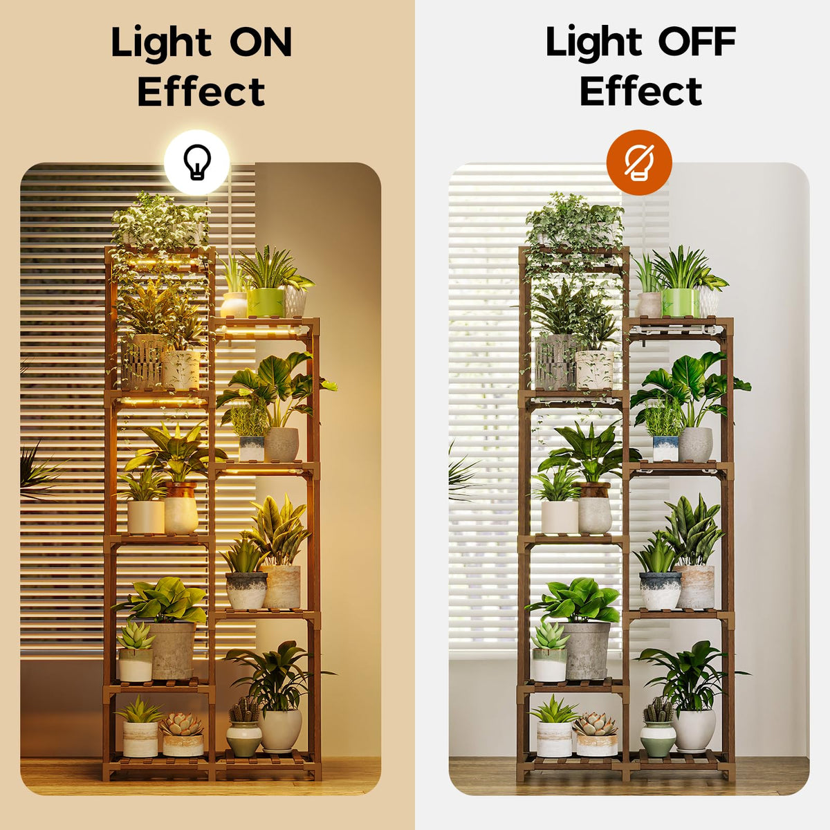 Bamworld wooden plant display rack in living room corner.