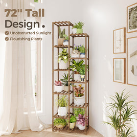 Bamworld wooden plant shelf setup highlights vertical display and space savings.