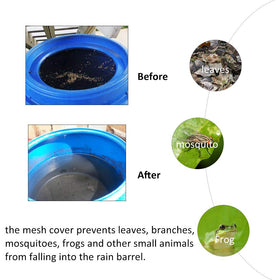 Bandelt rain-barrel mesh cover with drawstring for secure outdoor installation