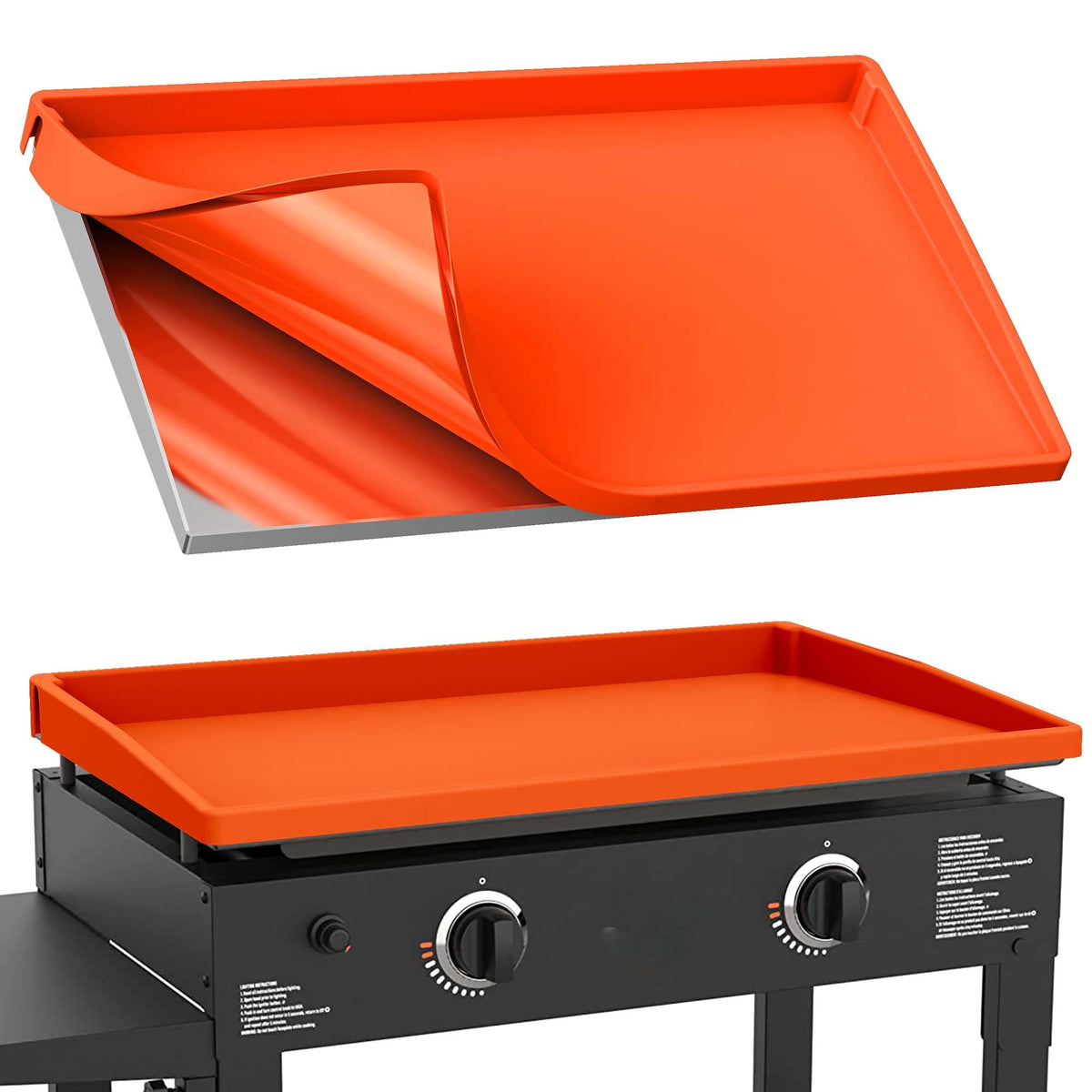 BANGIE 28in silicone griddle mat full-wrap orange protects coating and seals edges.