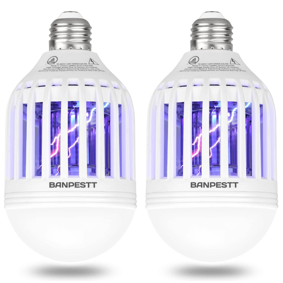 BANPESTT bug zapper lightbulb on porch for indoor-outdoor pest control.