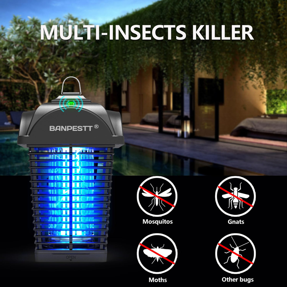 BANPESTT waterproof mosquito killer mounted on patio for year-round use.